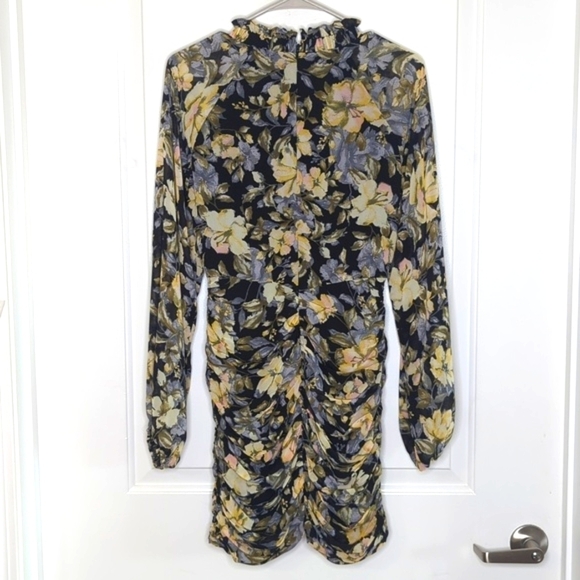 FATE Dark Floral Ruched Bodycon Mini Dress Ruffle Mock Neck Rear Zipper S - Picture 3 of 13